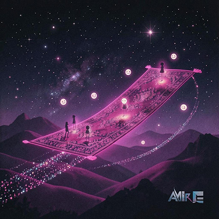 fantasy illustration of a magic carpet with smiley face figures scattered around in tones of purple