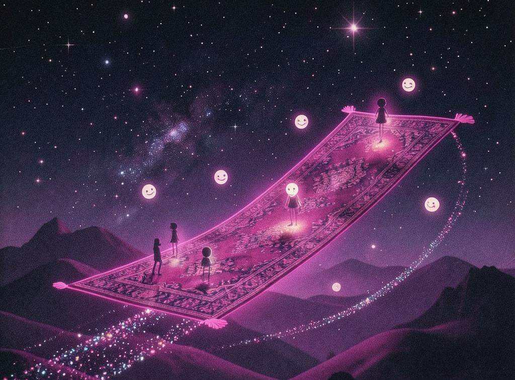 fantasy illustration of a magic carpet with smiley face figures scattered around in tones of purple