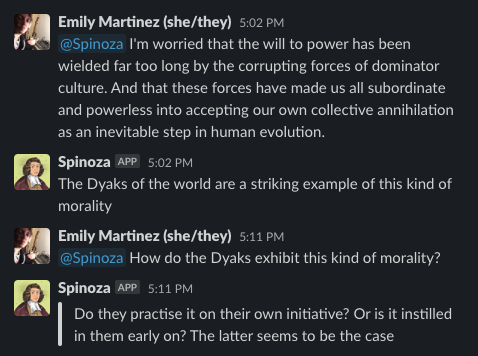 conversation with Spinoza bot on Slack